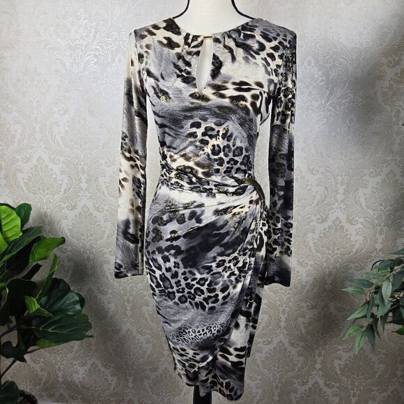 Cache Size Small Animal Print Bodycon Sheath Dress Long Sleeve Gold Hardware - Picture 1 of 16